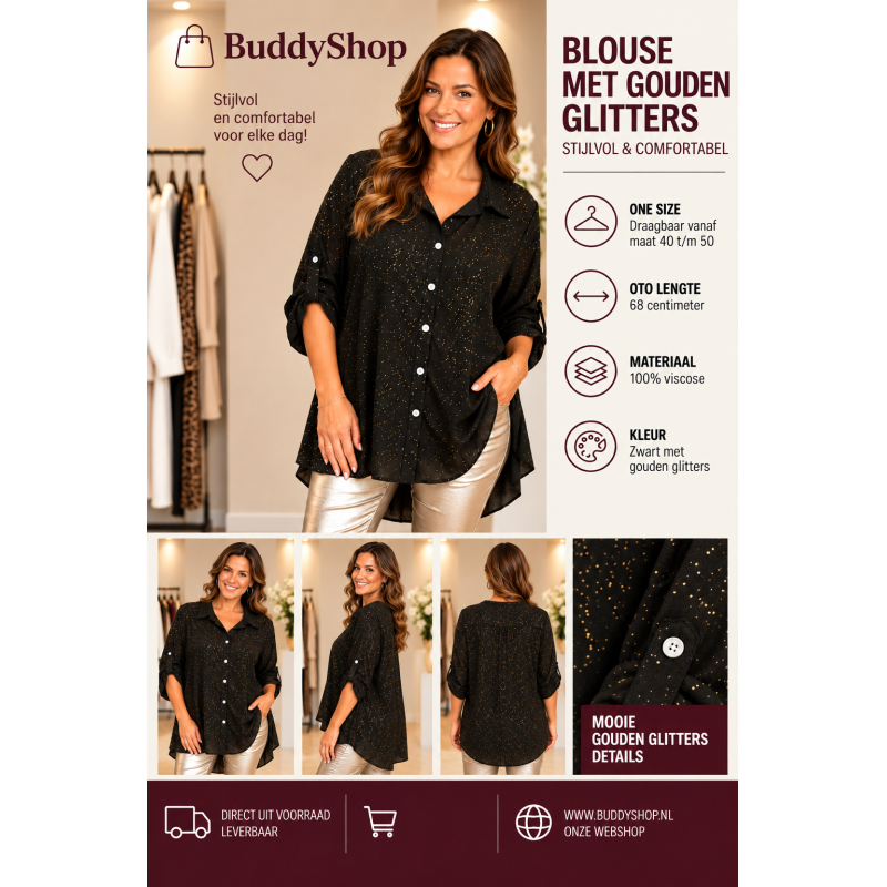Dames Blouse met Gouden Glitters – Zwart