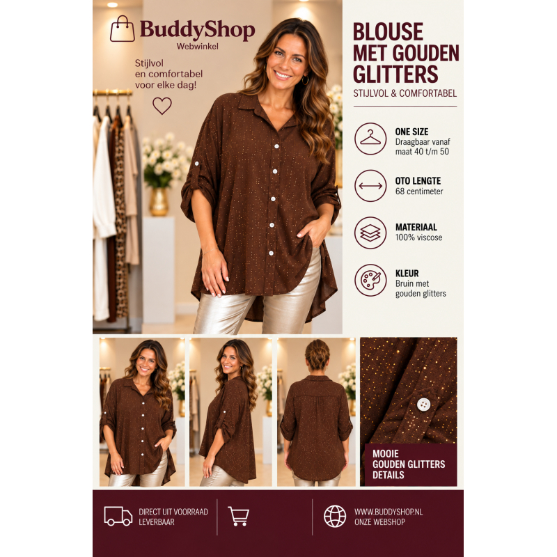 Dames Blouse met Gouden Glitters – Bruin
