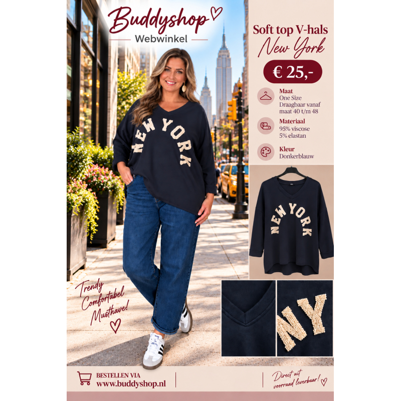 Soft top v-hals "New York" - one size (40-48) - donker blauw