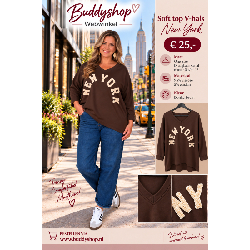 Soft top v-hals "New York" - one size (40-48) - bruin