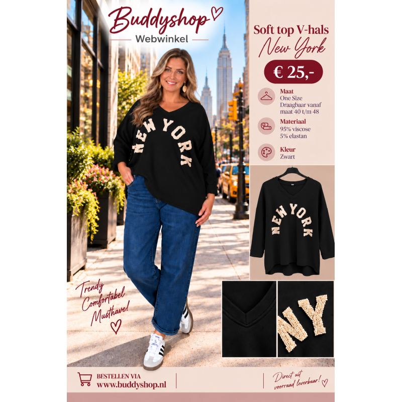 Soft top v-hals "New York" - one size (40-48) - zwart