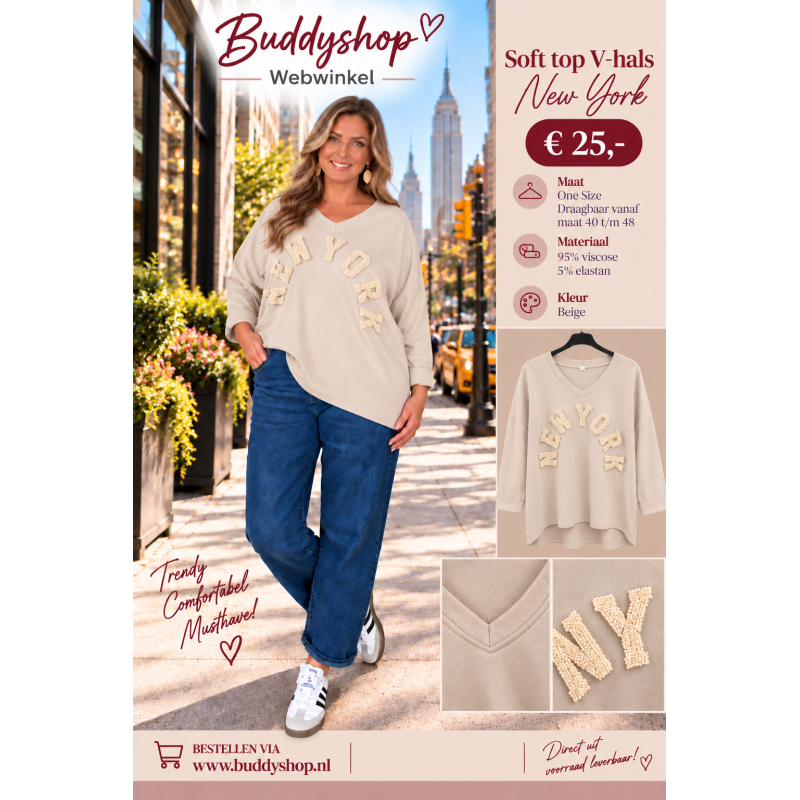 Soft top v-hals "New York" - one size (40-48) - beige
