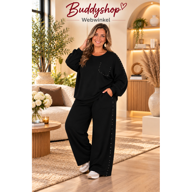 2-delige soft jogger set met zilveren studs - one size (46-54) - zwart
