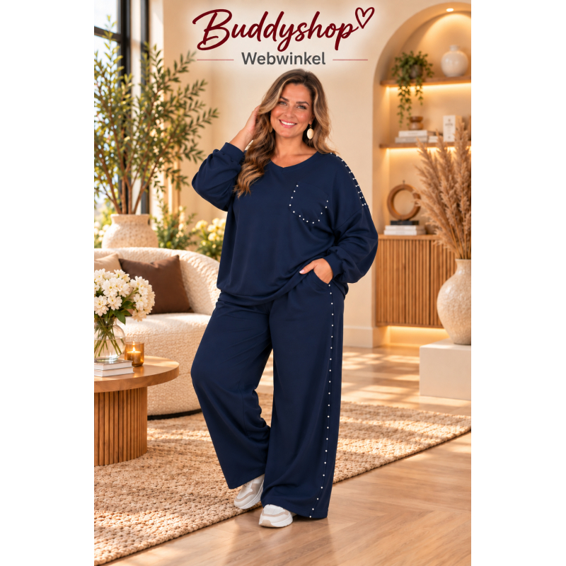 2-delige soft jogger set met zilveren studs - one size (46-54) - donkerblauw