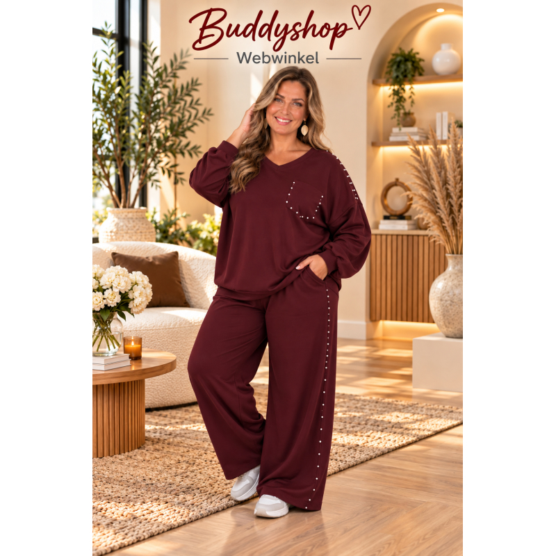 2-delige soft jogger set met zilveren studs - one size (46-54) - bordeaux