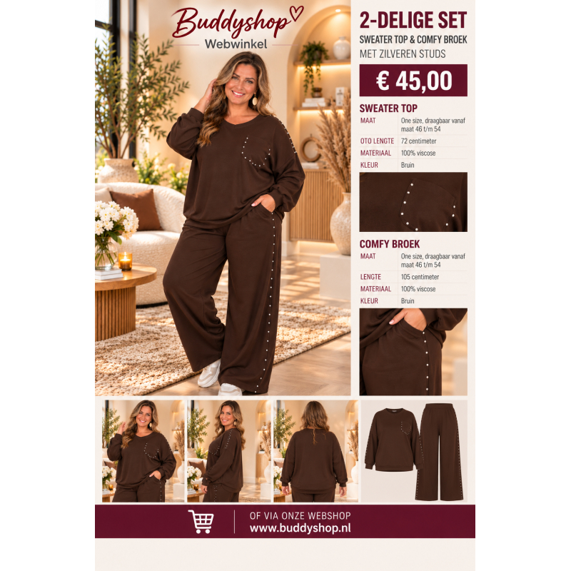 2-delige soft jogger set met zilveren studs - one size (46-54) - bruin