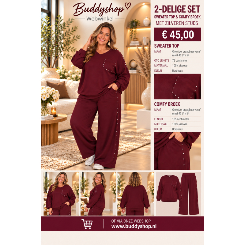 2-delige soft jogger set met zilveren studs - one size (46-54) - bordeaux