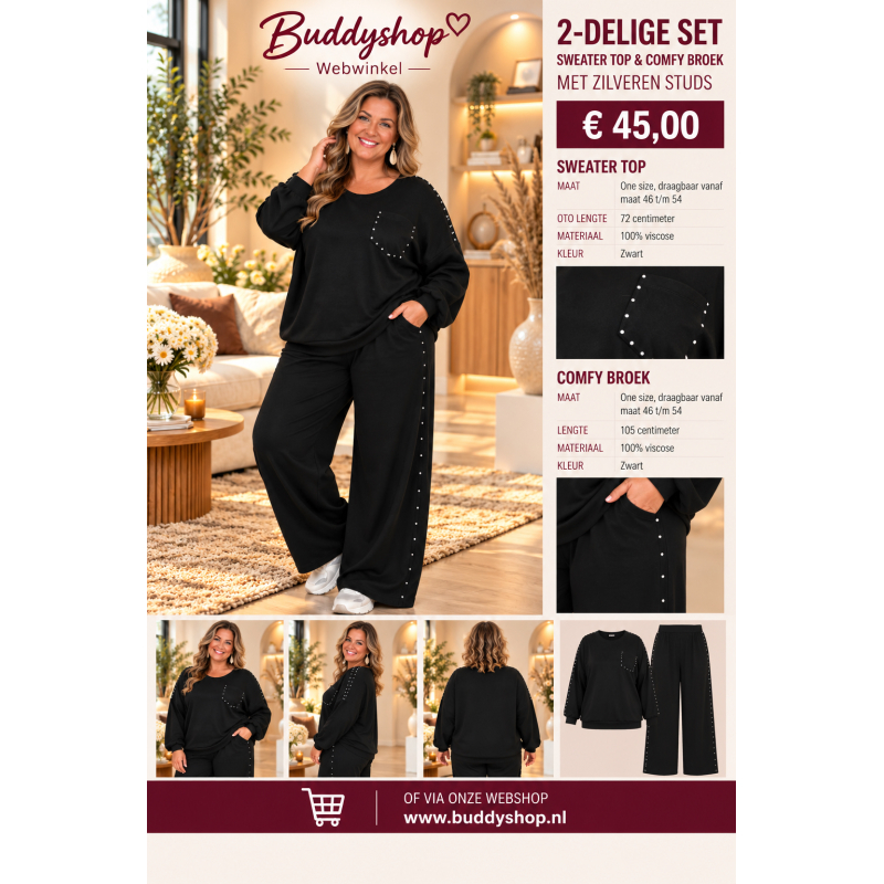 2-delige soft jogger set met zilveren studs - one size (46-54) - zwart