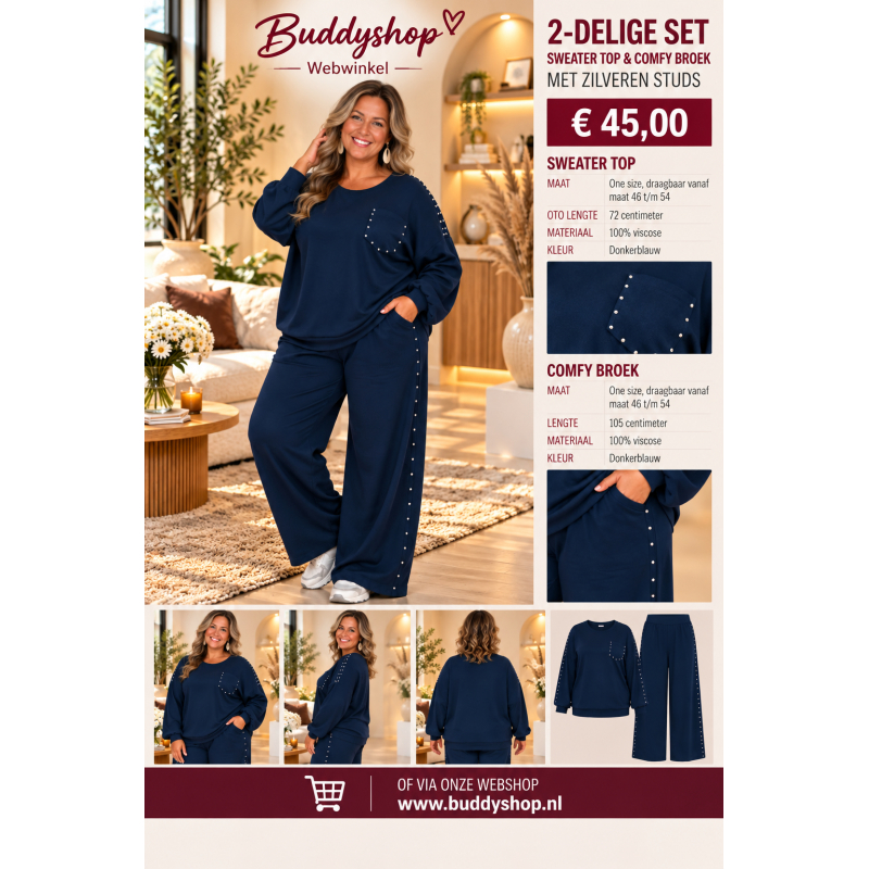 2-delige soft jogger set met zilveren studs - one size (46-54) - donkerblauw