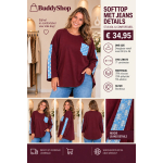 Soft top met jeans details - one size (38-46) - bordeaux