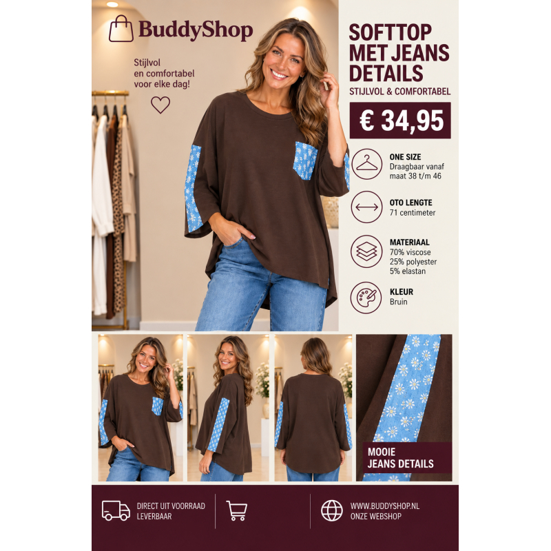 Soft top met jeans details - one size (38-46) - bruin