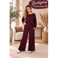 Dames Driedelige Set – Bordeauxrood – Panterprint – Wijde Broek met Riem