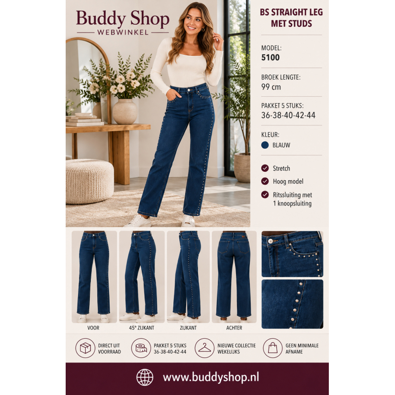 Dames Wide Leg Jeans met studs – Donkerblauw