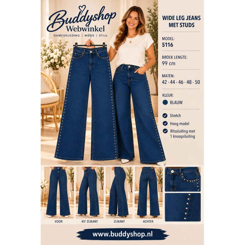 Dames Wide Leg Jeans met studs, donkerblauw, maat 42 tot en met 50