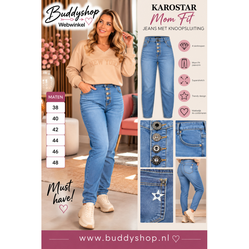 Karostar Baggy Jeans Blauw – Vier Sierknopen & Superstretch