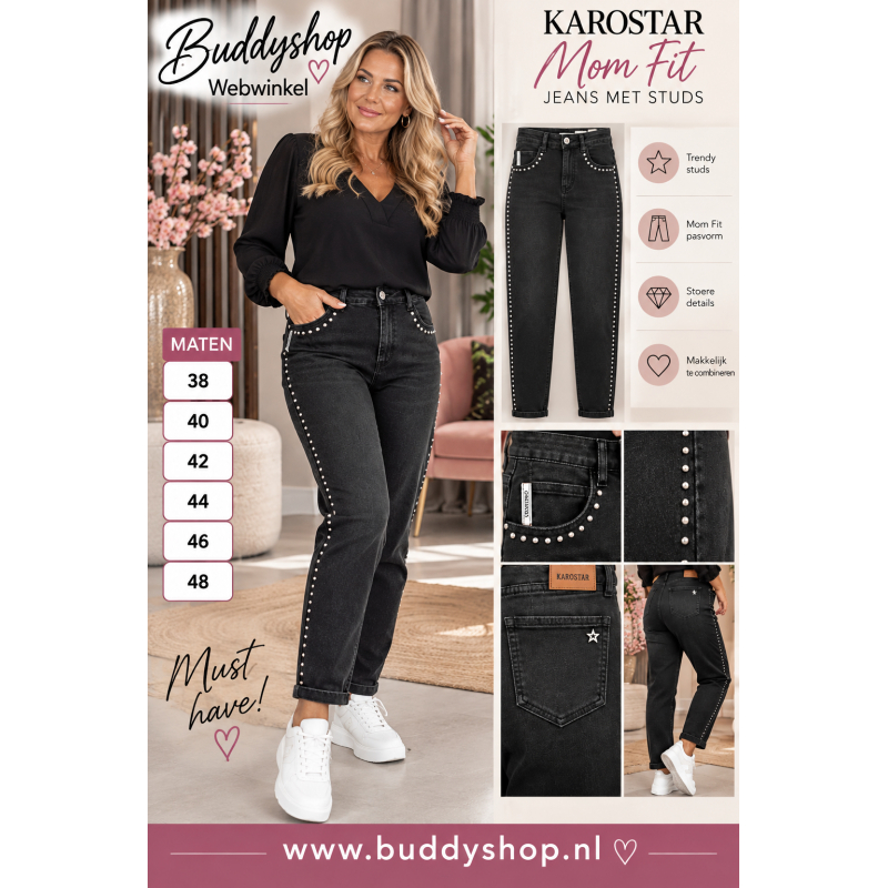 Dames Karostar Mom Fit Jeans met Studs, Zwart, maat 38 tot en met 48