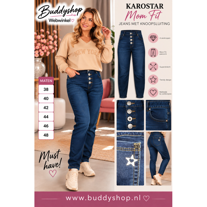 Karostar Baggy Jeans Donkerblauw – Vier Sierknopen & Superstretch