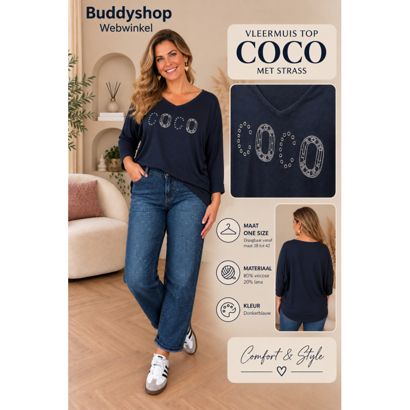 Dames Top COCO – Donkerblauw – V-hals – Lange Mouwen