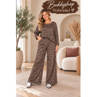 Dames Driedelige Set – Bruin Beige Panterprint – Wijde Broek met Riem