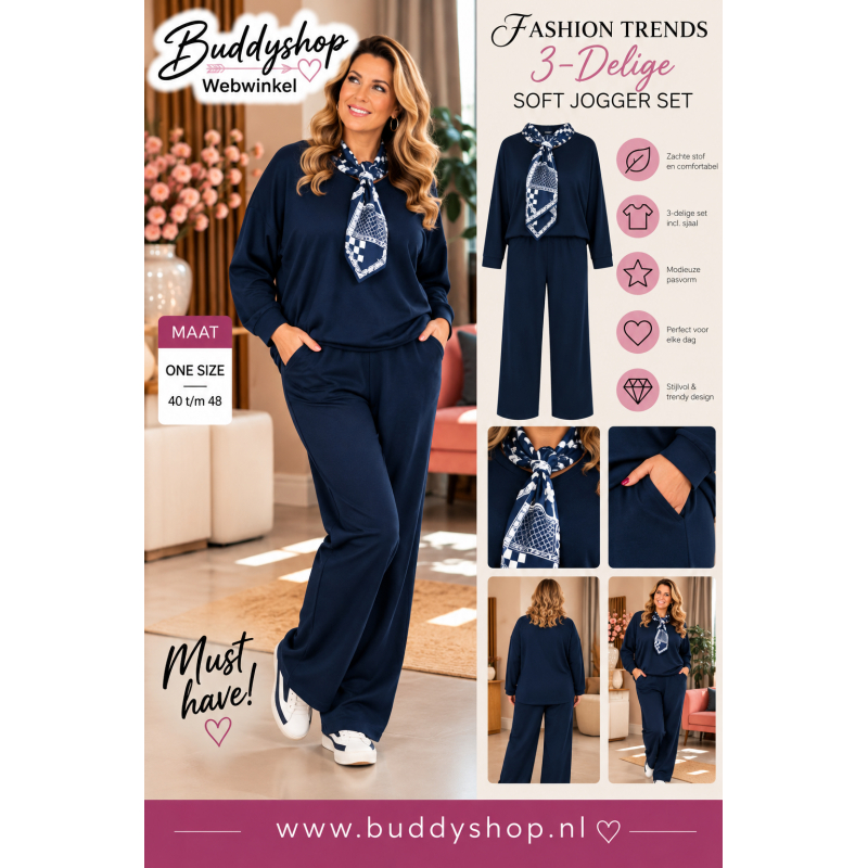 Dames 3-Delige Soft Joggerset met Sjaal – Donkerblauw
