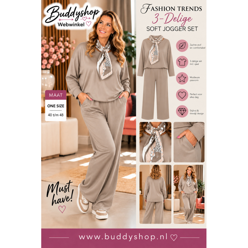 Dames 3-Delige Soft Joggerset met Sjaal – Taupe