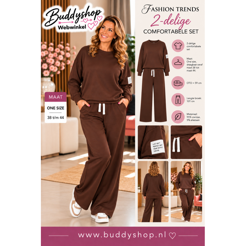 Dames Tweedelige Comfy Set – Comfortabel Huispak – Bruin