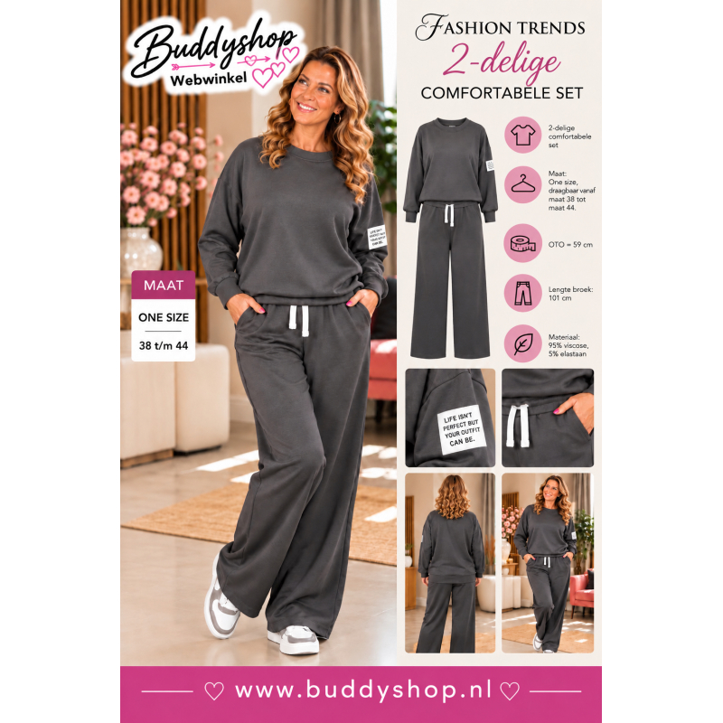 Dames Tweedelige Comfy Set – comfortabel huispak – donkergrijs