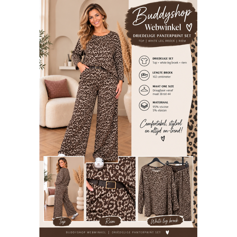 Dames Driedelige Set – Bruin Beige Panterprint – Wijde Broek met Riem