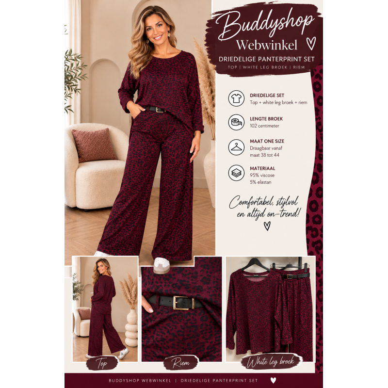 Dames Driedelige Set – Bordeauxrood – Panterprint – Wijde Broek met Riem