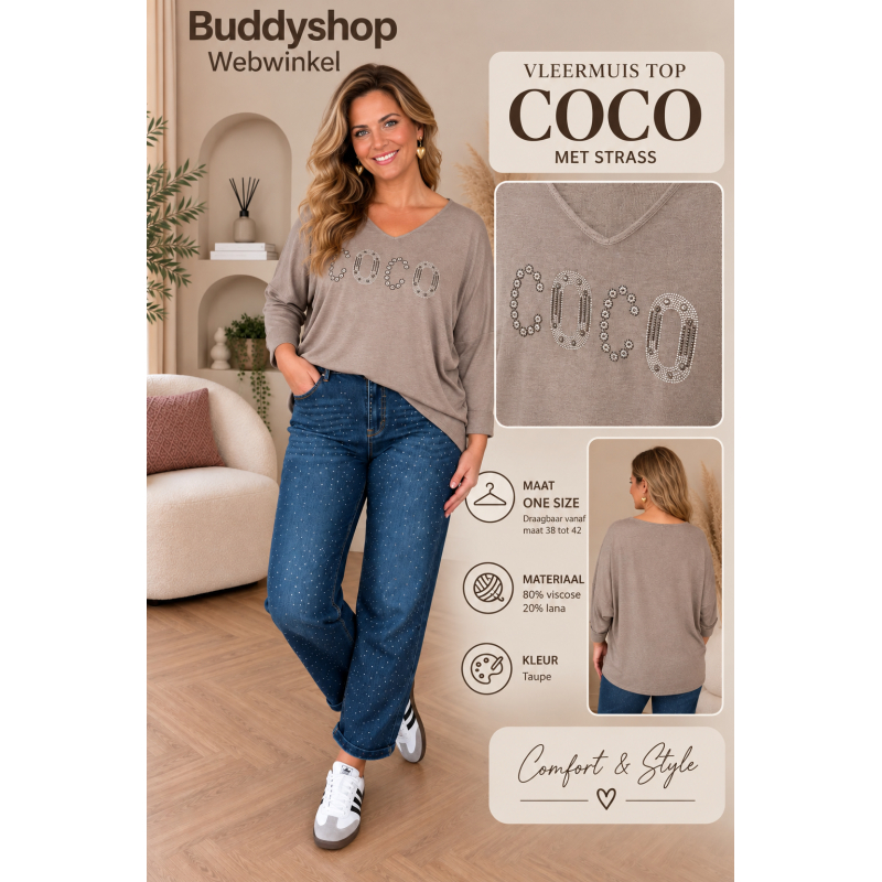 Dames Top COCO – Taupe – V-hals – Lange Mouwen