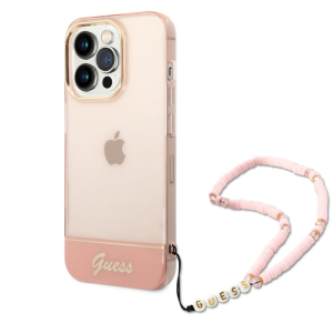 iPhone 14 Pro Hardcase Backcover Doorzichtig met koord Guess Roze