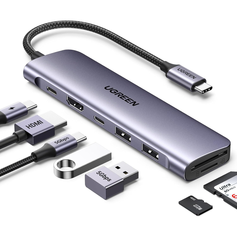 UGREEN 6-IN-1 USB-C HUB MET 2X USB-A,HDMI, USB-C, TF/SD