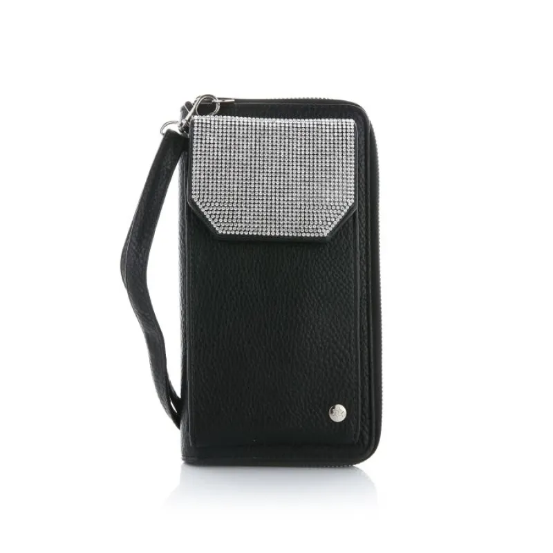 Elegance Telefoontasje Zwart – Met Zilverkleurige Strass Steentjes en Polsbandje