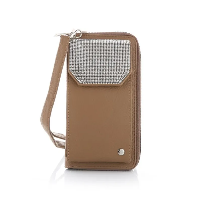 Elegance Telefoontasje Cognacbruin – Met Zilverkleurige Strass Steentjes en Polsbandje