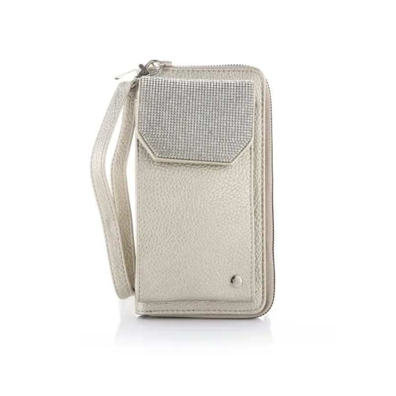 Elegance Telefoontasje Gold – Met Zilverkleurige Strass Steentjes en Polsbandje