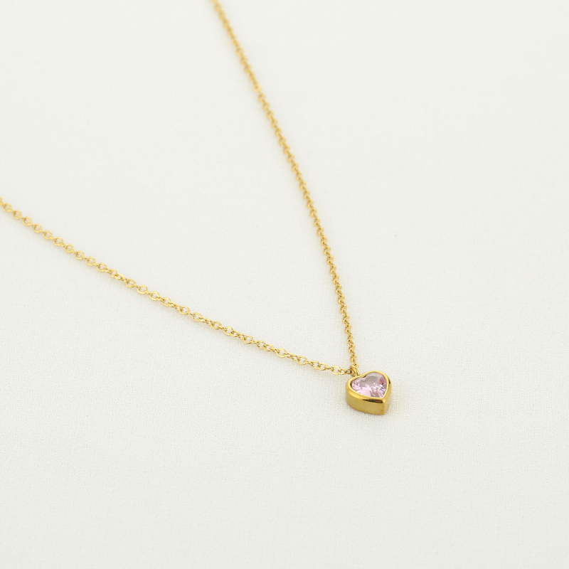 Ketting met zirkonia hartje pink + oorbellen
